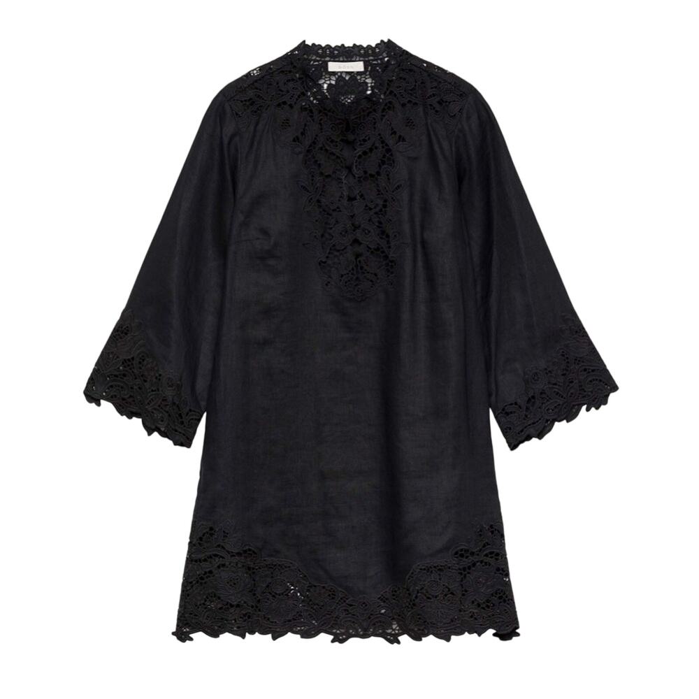 NWT Doen Roselie Linen Lace Crochet Collar 3/4 Sleeve Tunic Mini Dress Black - Picture 15 of 16